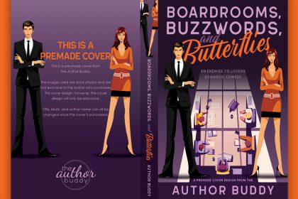 Boardrooms, Buzzwords, and Butterflies - Premade Illustrated Enemies to Lovers Contemporary Romance Book Cover from The Author Buddy