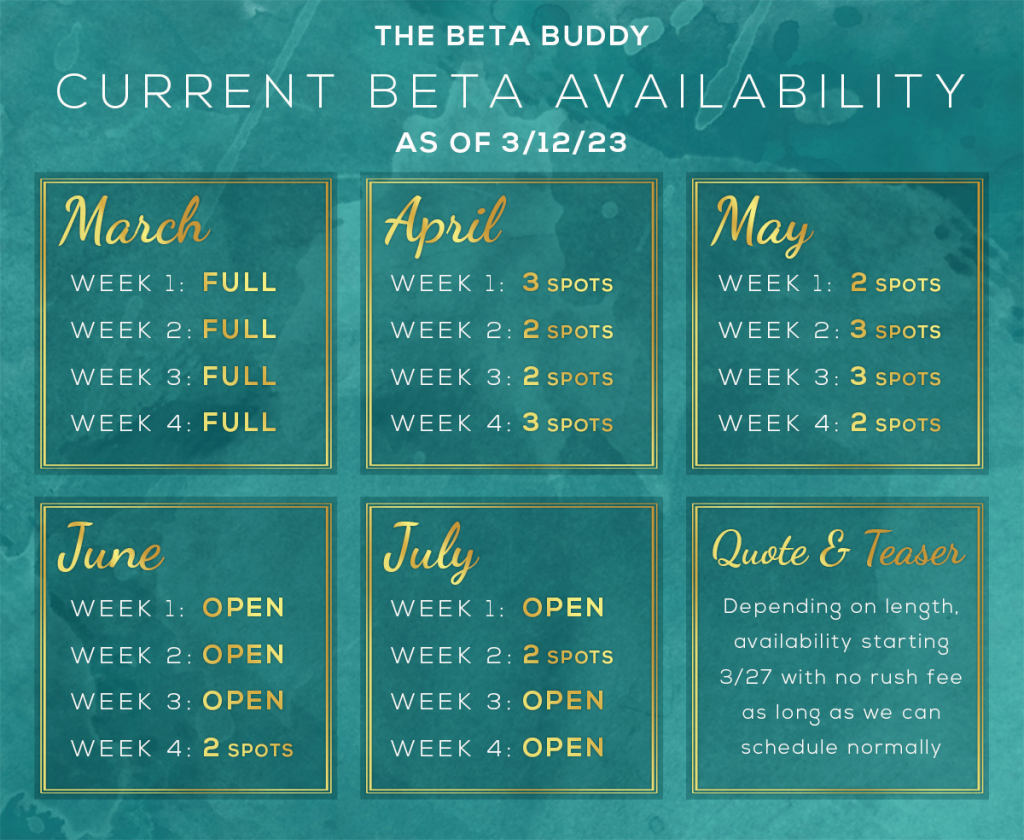 The Beta Buddy, Current Beta Availability as of 3/12/23 ---- March -  Week 1: Full, Week 2: Full, Week 3: Full, Week 4: Full; April- Week One- 3 spots, Week Two- 2 spots, Week Three- 2 Spots, Week Four- 3 Spots; May- Week One- 2 Spots, Week Two- 3 Spots, Week Three- 3 Spots, Week Four- 2 Spots; June- Weeks 1-3- Open, Week Four- 2 Spots; July- Week One- Open, Week Two- 2 Spots, Open After Week 3 of July; Quote & Teaser Service - Depending on length, availability starting 3/27 with no rush fee as long as we can schedule normally
