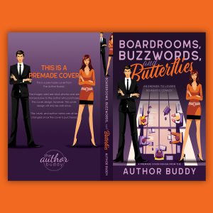 Boardrooms, Buzzwords, and Butterflies - Premade Illustrated Enemies to Lovers Contemporary Romance Book Cover from The Author Buddy