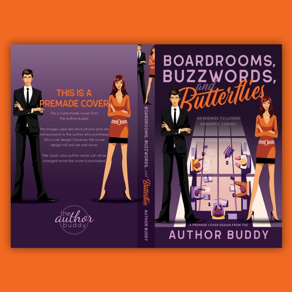 Boardrooms, Buzzwords, and Butterflies - Premade Illustrated Enemies to Lovers Contemporary Romance Book Cover from The Author Buddy